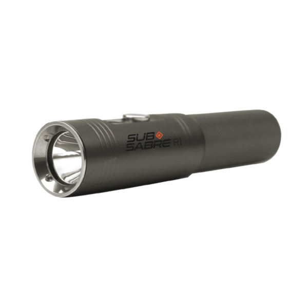 Front view of Oceanpro Sub-Sabre R1 Torch, a grey slimline torch with press button function