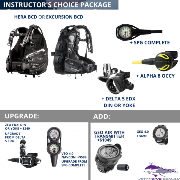 Oceanic Instructors Scuba Package Poster image displaying options of package, Hera womens BCD, excursion men's bcd, SPG, Alpha 8 Octopus Regulator and Delta 5 EDX Regulator. Displays additional options such as upgrade to ZEO FDXi regulator, upgrade to navcon SPG and VEO Computer, and addition of dive computers Geo 4.0 and Geo Air