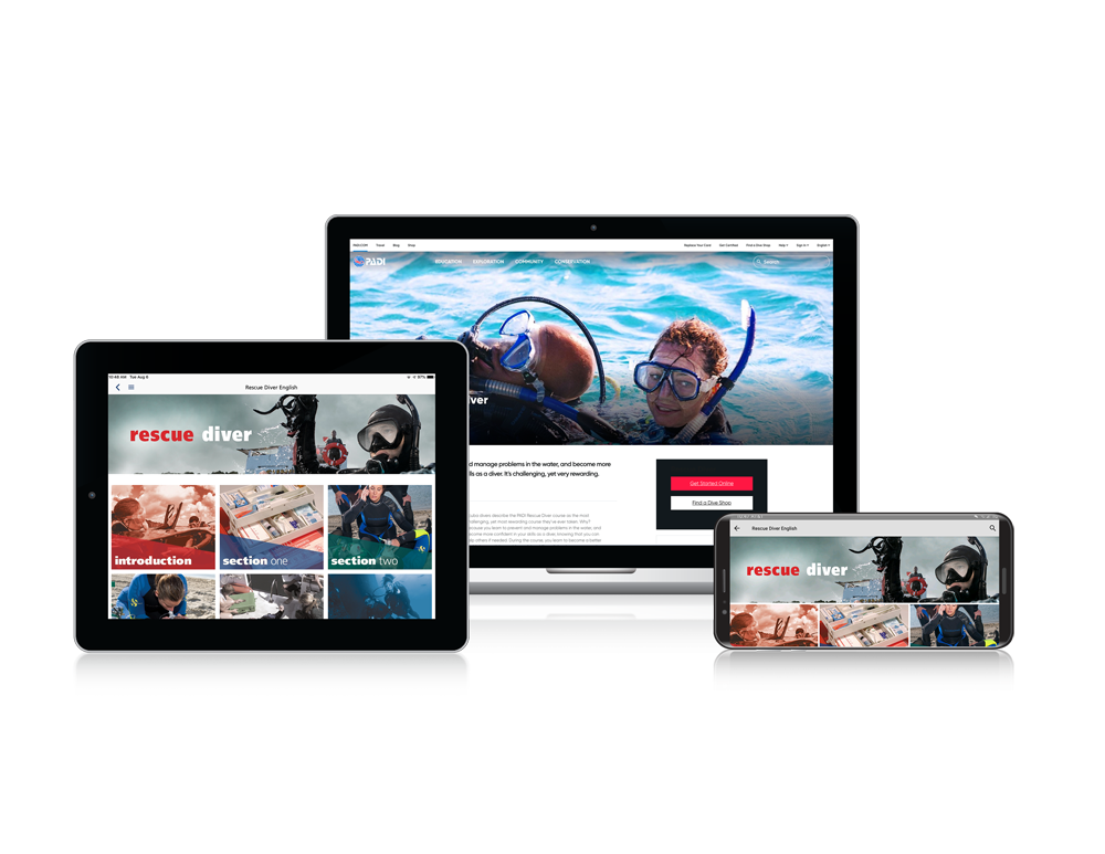 Composite image with tablet, laptop, and phone all displaying PADI Recsue Course E-Learning