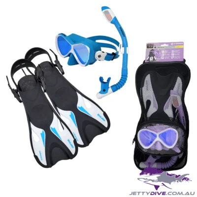 Woolamai Kids Mask Snorkel Fins Set in Ocean Blue and Lilac in bag