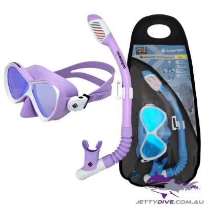 Woolamai Kids Mask and Snorkel Set Lilac and Ocean Blue in bag