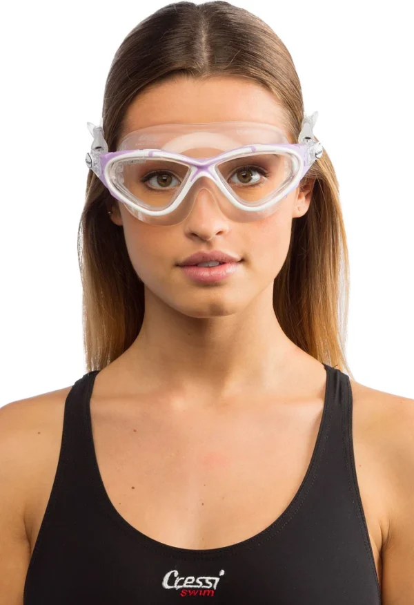 Cressi Planet Swim Goggles Lilac and white on model